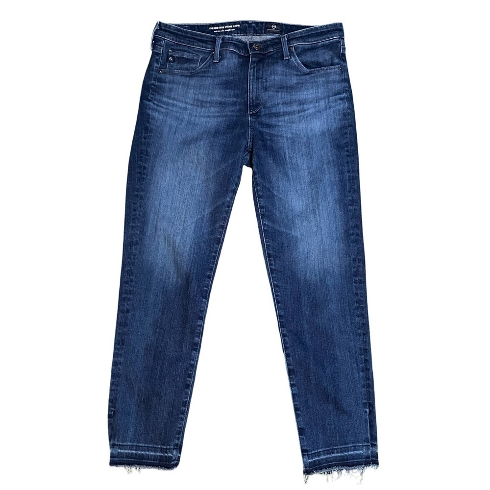 AG Stevie Capri Mid Rise Slim Straight Released Hem Slits Med Blue Denim Size 29